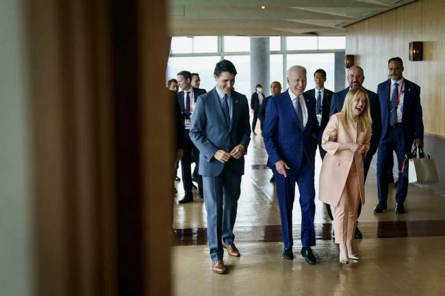 Il Presidente Meloni con il Presidente Biden e il Primo Ministro Trudeau al Vertice G7