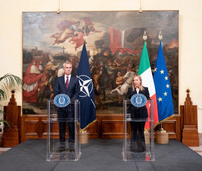 Dichiarazioni alla stampa del Presidente Meloni con il Segretario Generale della NATO Stoltenberg.