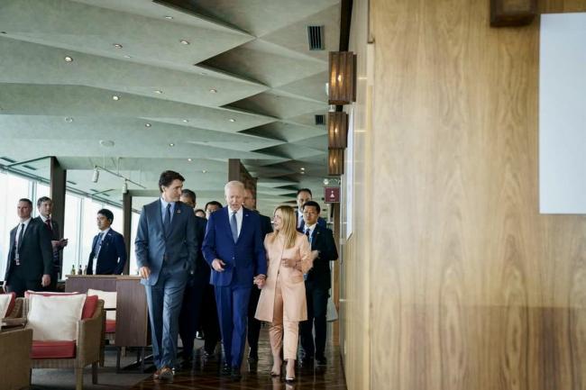 Il Presidente Meloni con il Presidente Biden e il Primo Ministro Trudeau al Vertice G7