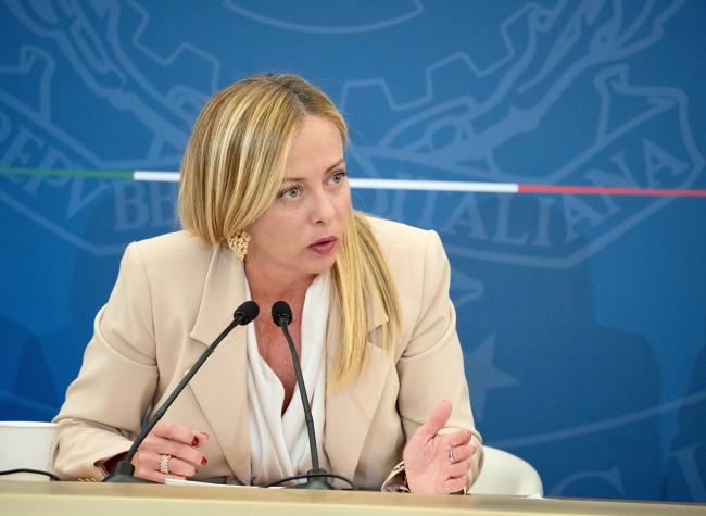 President Giorgia Meloni during the press conference to illustrate the measures adopted by Council of Ministers meeting no. 49