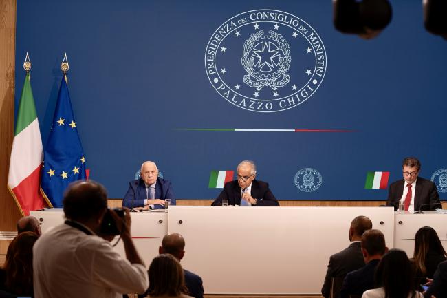 Ministers Carlo Nordio and Matteo Piantedosi during the press conference following Council of Ministers meeting no. 52