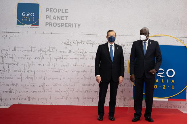 G20 Rome Summit, il Presidente Draghi accoglie Moussa Faki Mahamat, Presidente della Commissione dell'Unione africana