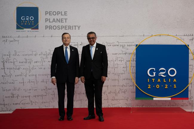 G20 Rome Summit, il Presidente Draghi accoglie il Direttore Generale dell'Organizzazione Mondiale della sanità (OMS - WHO), Tedros Adhanom Ghebreyesus