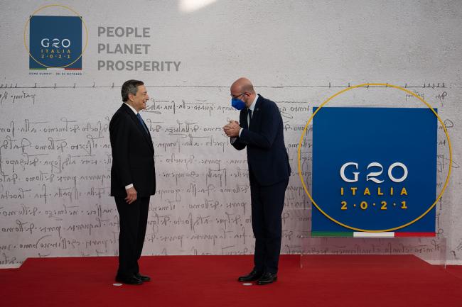 G20 Rome Summit, il Presidente Draghi accoglie il Presidente del Consiglio Europeo Charles Michel