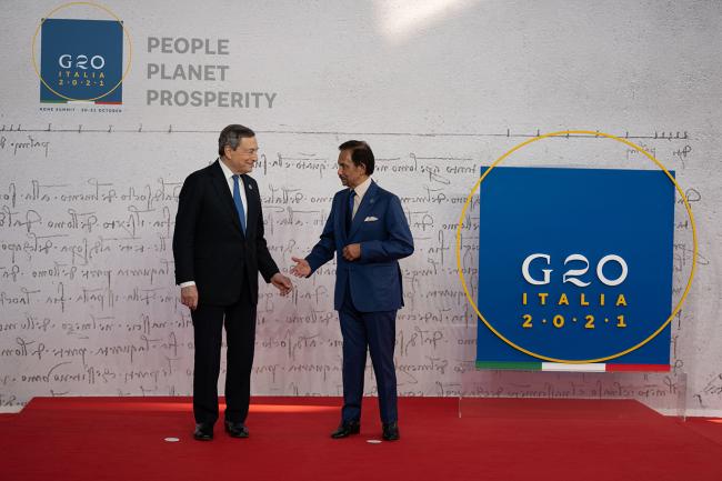 G20 Rome Summit, il Presidente Draghi accoglie il Sultano e Primo Ministro di Brunei, Sultan Haji Hassanal Bolkiah