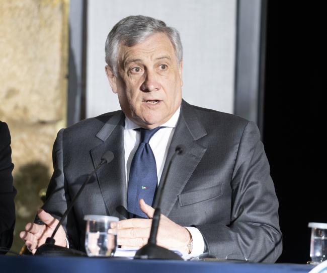 Vice-President and Minister Tajani during the press conference following the Council of Ministers meeting in Cutro