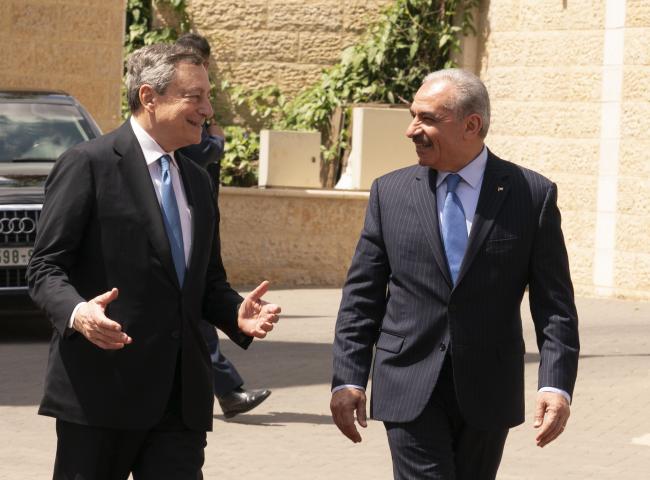 PM Draghi is greeted in Ramallah by Palestinian Prime Minister Mohammad Shtayyeh