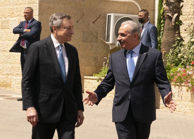 PM Draghi is greeted in Ramallah by Palestinian Prime Minister Mohammad Shtayyeh